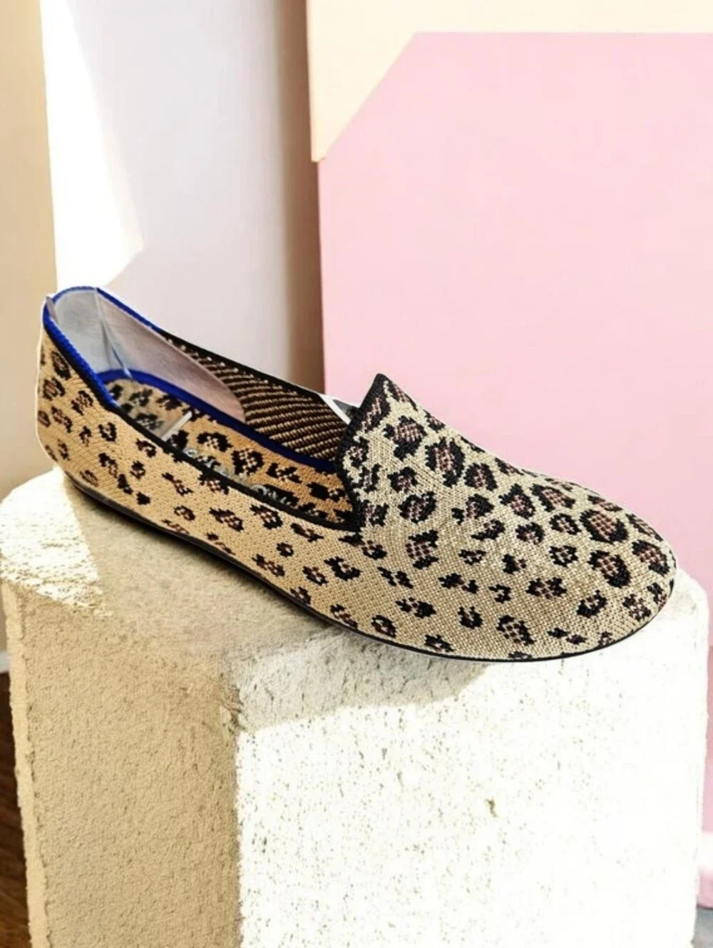 Rothy's The Loafer Size 6 Spotted Leopard Knit Washable Slip On Flats Tan Black